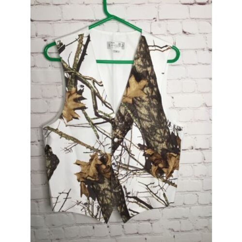 Men's Larr Brio Satin Tuxedo Mossy Oak‎ Camo Vest Wedding Groom Size S White